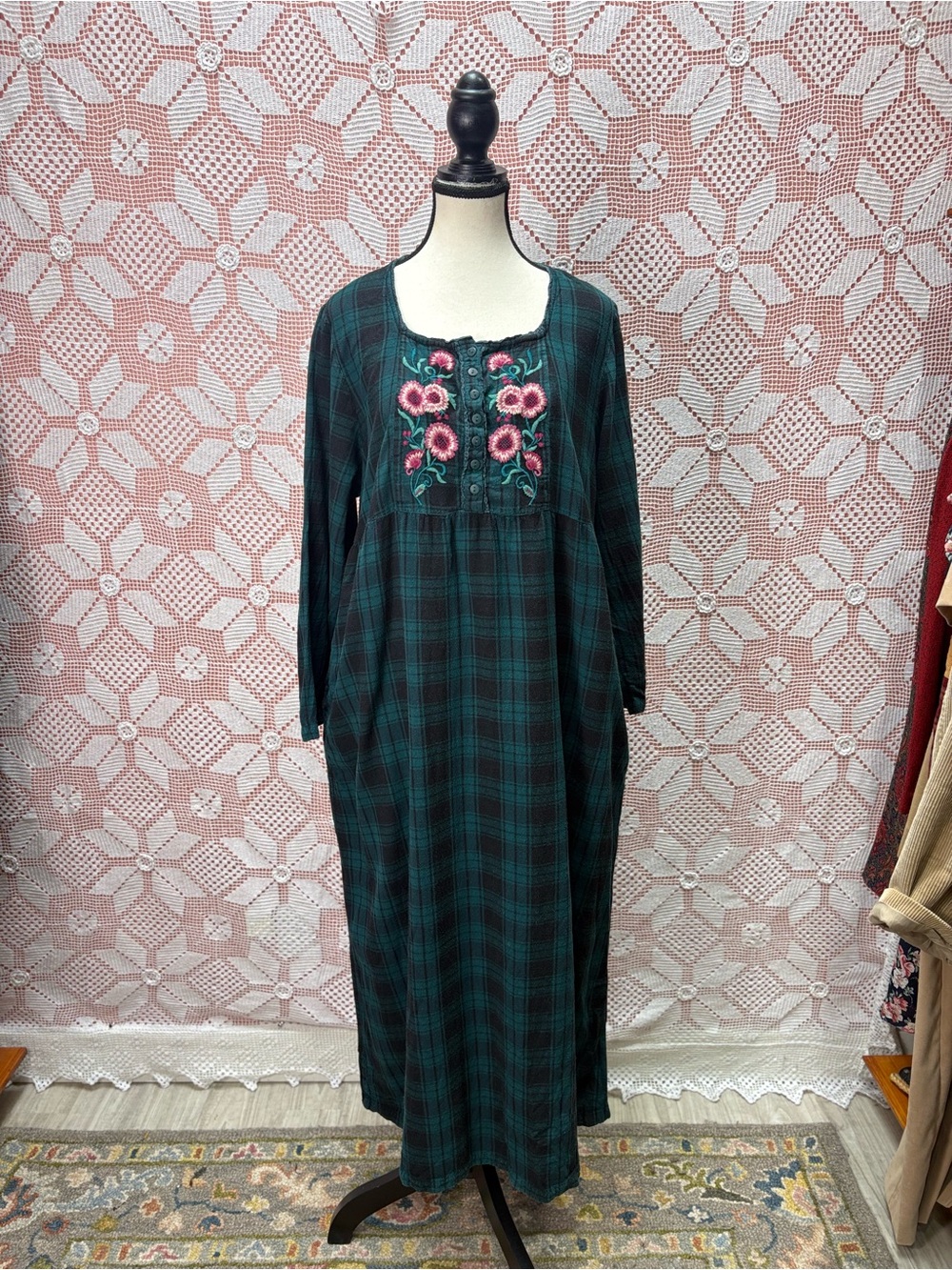 Vintage Vintage April Cornell Embroidered Plaid Maxi Dress